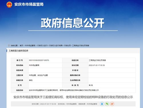 安徽省安慶市市場監管局 三起行政處罰案例公示，聚焦商標侵權與特種設備安全隱患